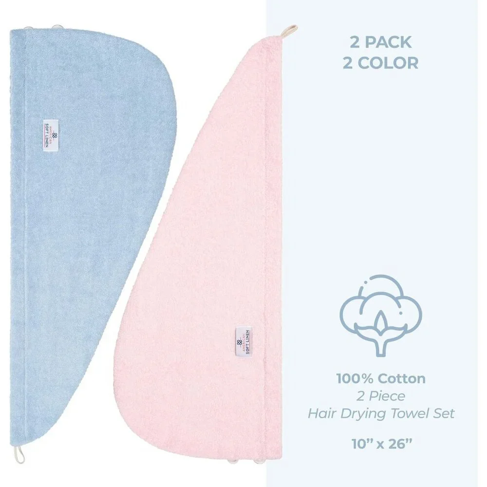 Cotton Hair Towels Women 26x10 Soft Absorbent Turban Wrap 2-Pack